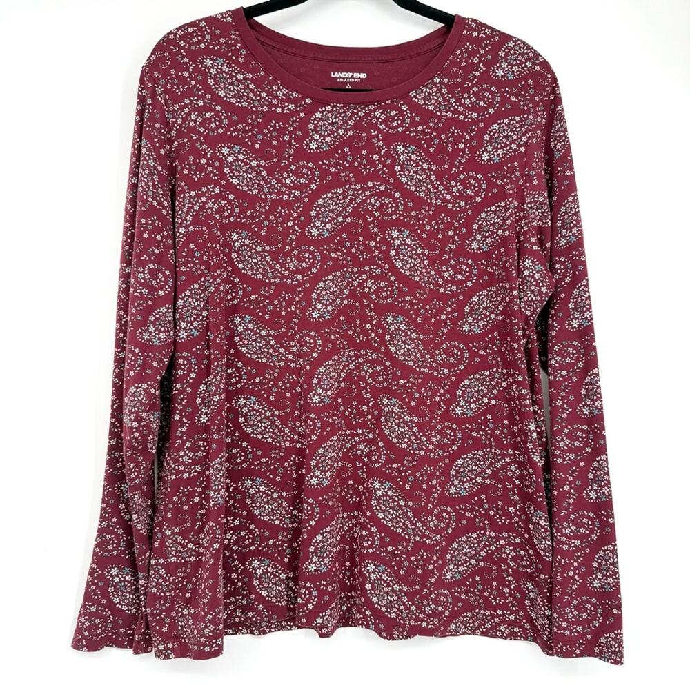 Lands‎ End Relaxed Fit Burgundy Paisley Floral Long Sleeve Shirt Size L